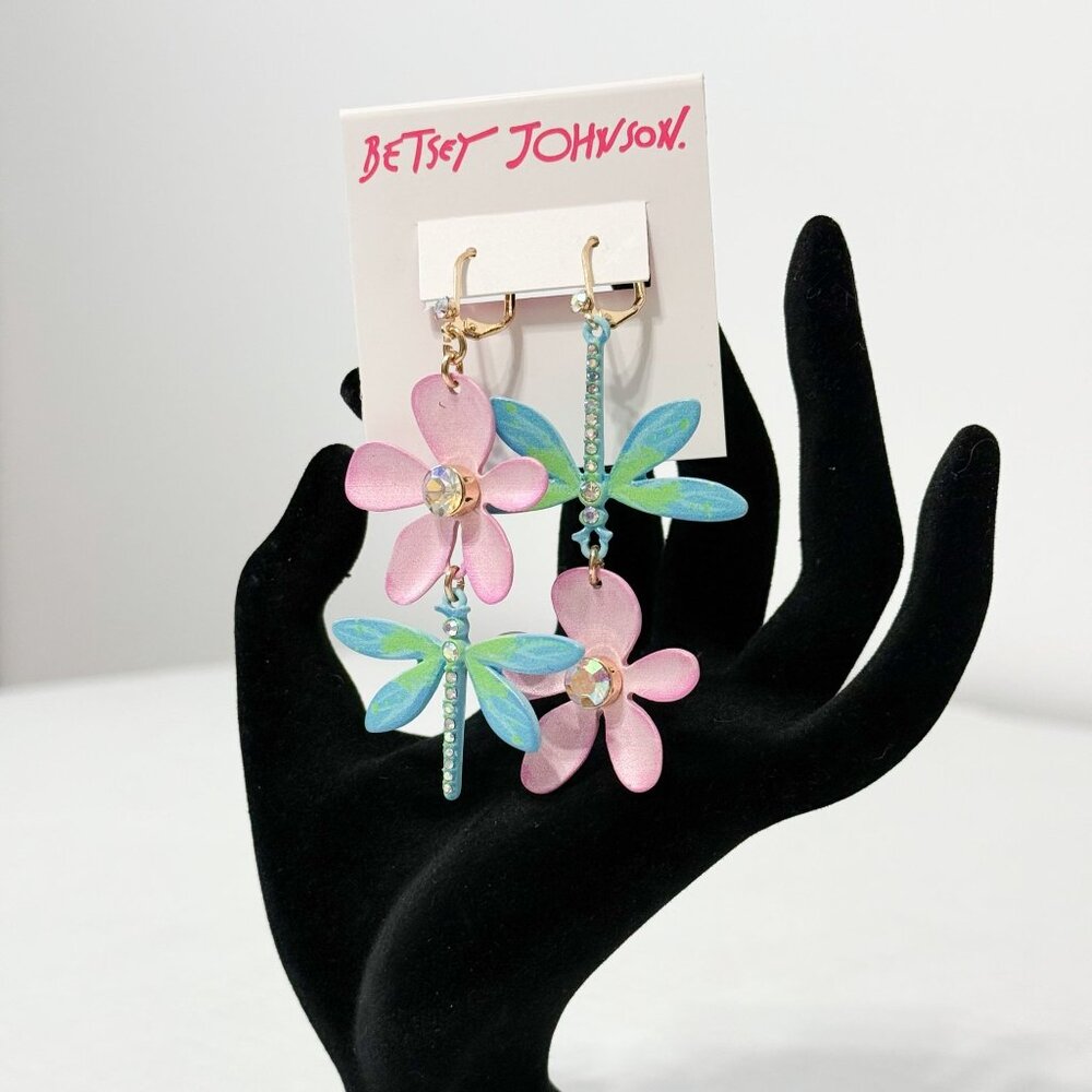 Betsey Johnson NWOB Flower Dragonfly Dangle Mismatch Earrings - Picture 6 of 8